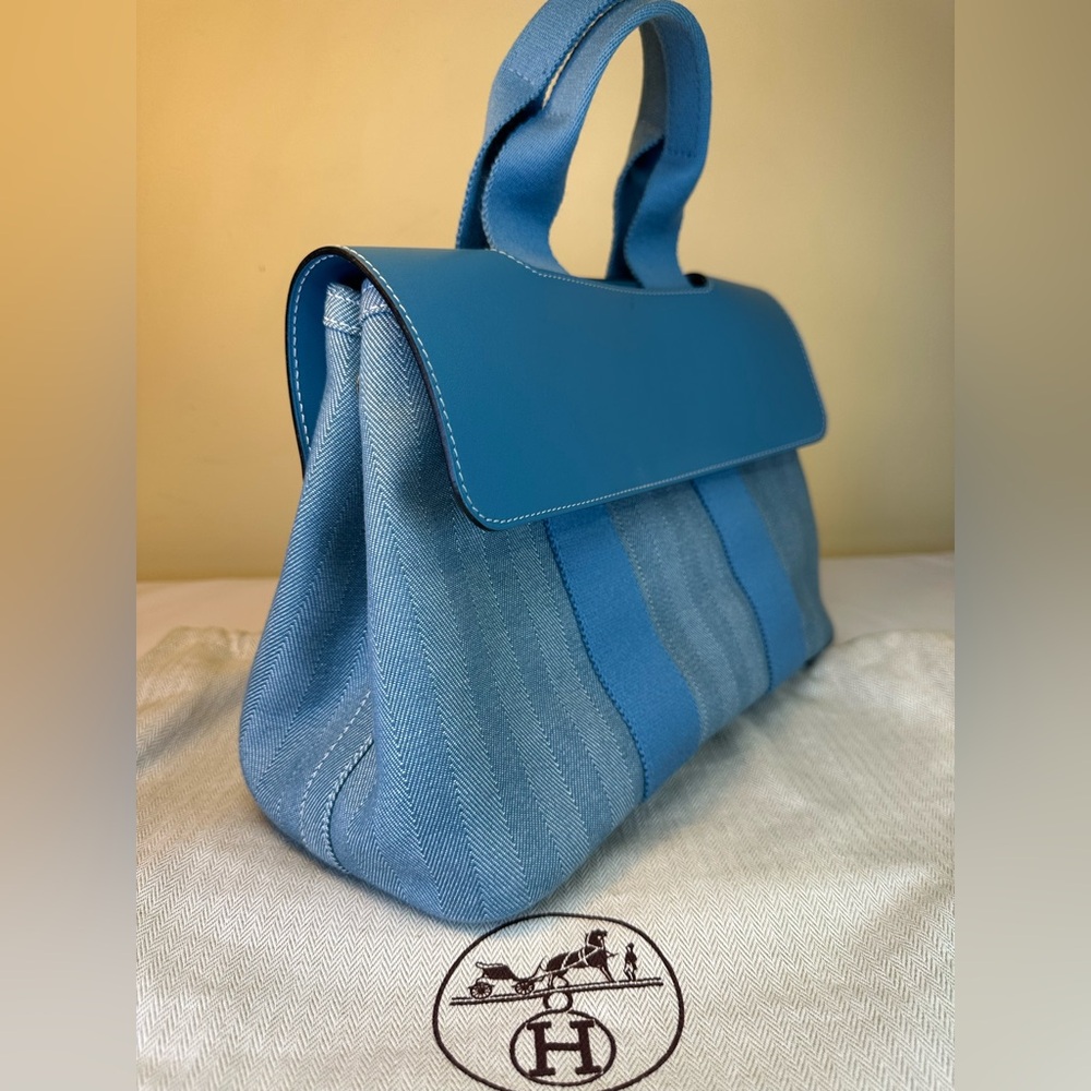 Hermes Valparaiso PM Bag Blue Chevron Canvas Blue Leather, Pouch, Dustbag COA - Picture 5 of 17